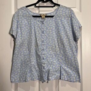 Woolrich Womens XL Blue Floral Button Down Top Short Sleeve 100% Cotton Blouse
